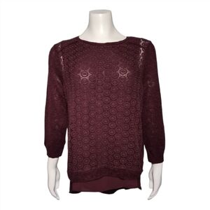 Lucky Brand Sweater Maroon Knit Eyelet Lightweight Split Back 3/4 Sleeve sz M